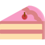 Slice of pink layered cake with a cherry on top, paired perfectly with delicate macarons.